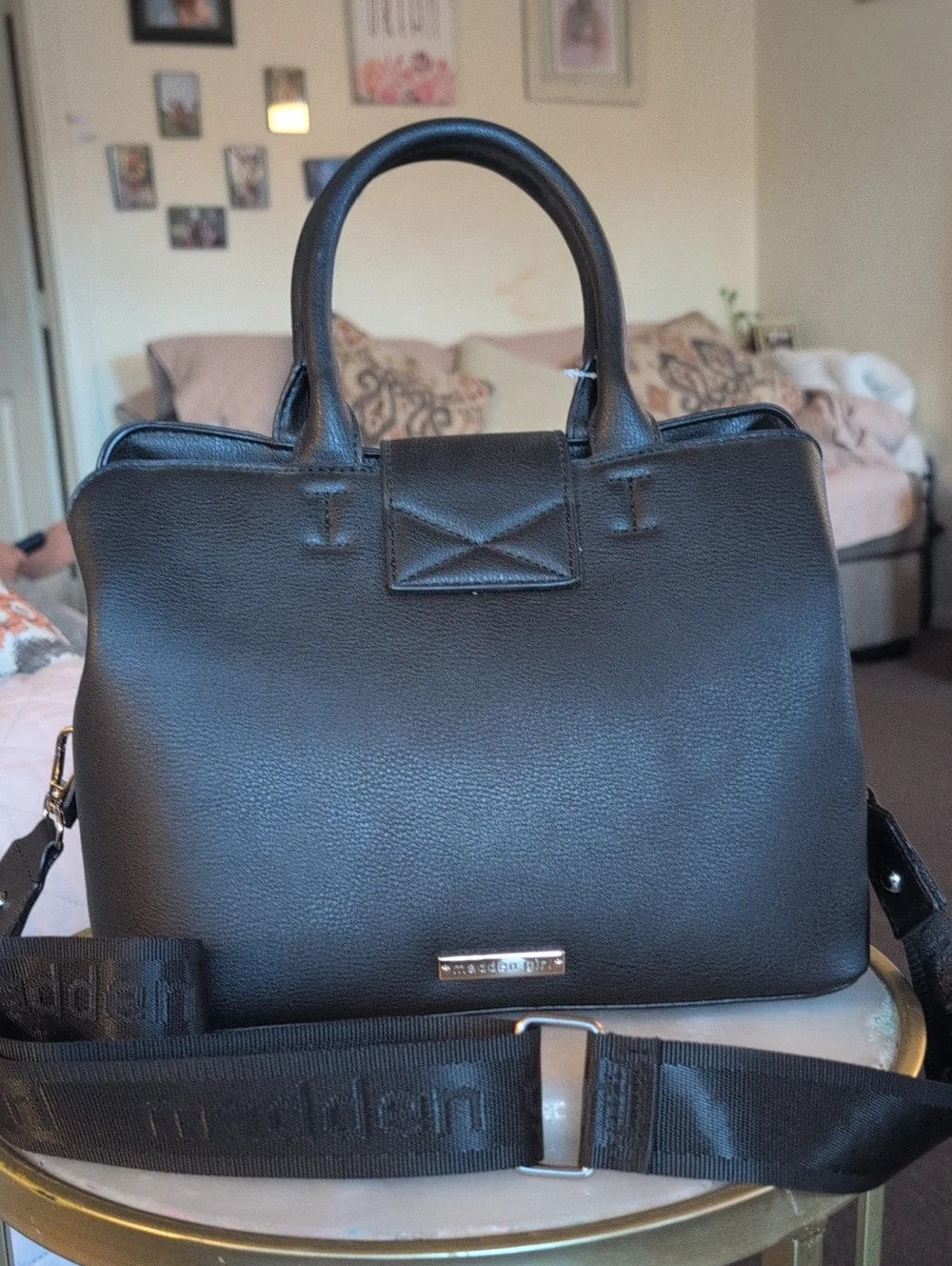Madden Girl Black Faux Leather Satchel with Crystal Buckle and Strap